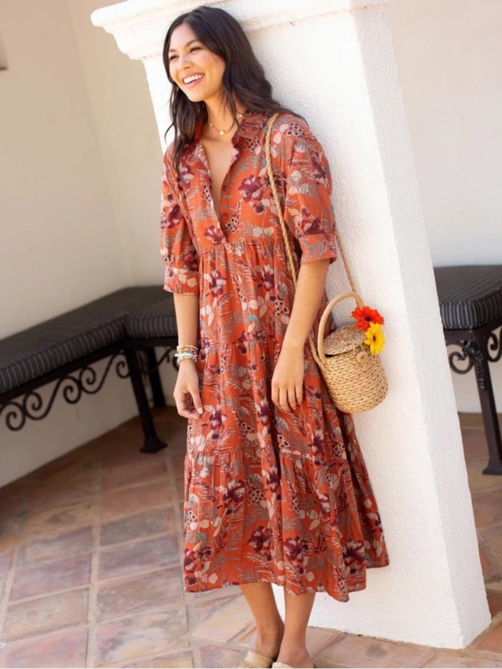 NATURAL LIFE Rust Floral Tiered Midi Dress With Pockets Size XL